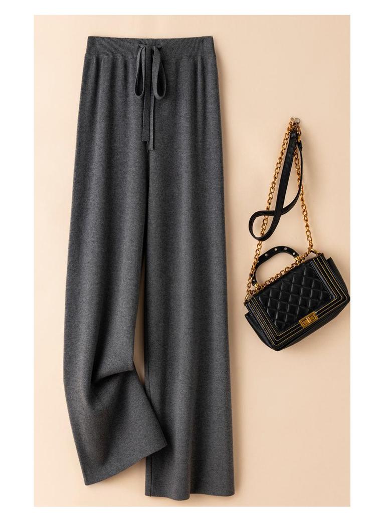 Women's White Wool Knit Wide-Leg Elastic High-Waist Floor-Length Pants — Autumn/Winter Drapey, Loose-Fit, Versatile, Straight-Leg Pants