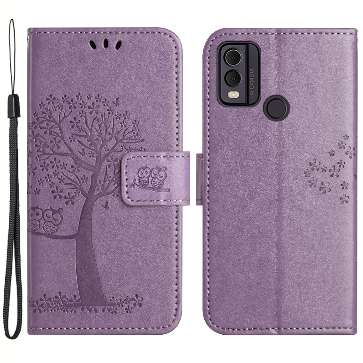 

For Nokia C32/C22 Supporting Stand Wallet Case PU Leather Imprinted Owl Tree Pattern Phone Cover Purple