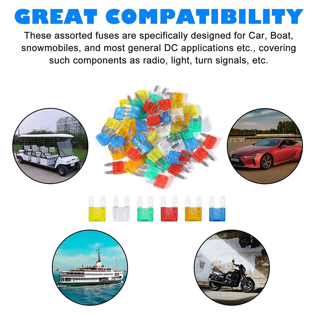 60ks Mini Pojistky do Auta Kombinovaná Sada Mini Vícebarevná Multifunkční Auto Nožová Pojistka Náhradní Sada Pro Auto/RV/Nákladní Auto/Motocykl/Loď