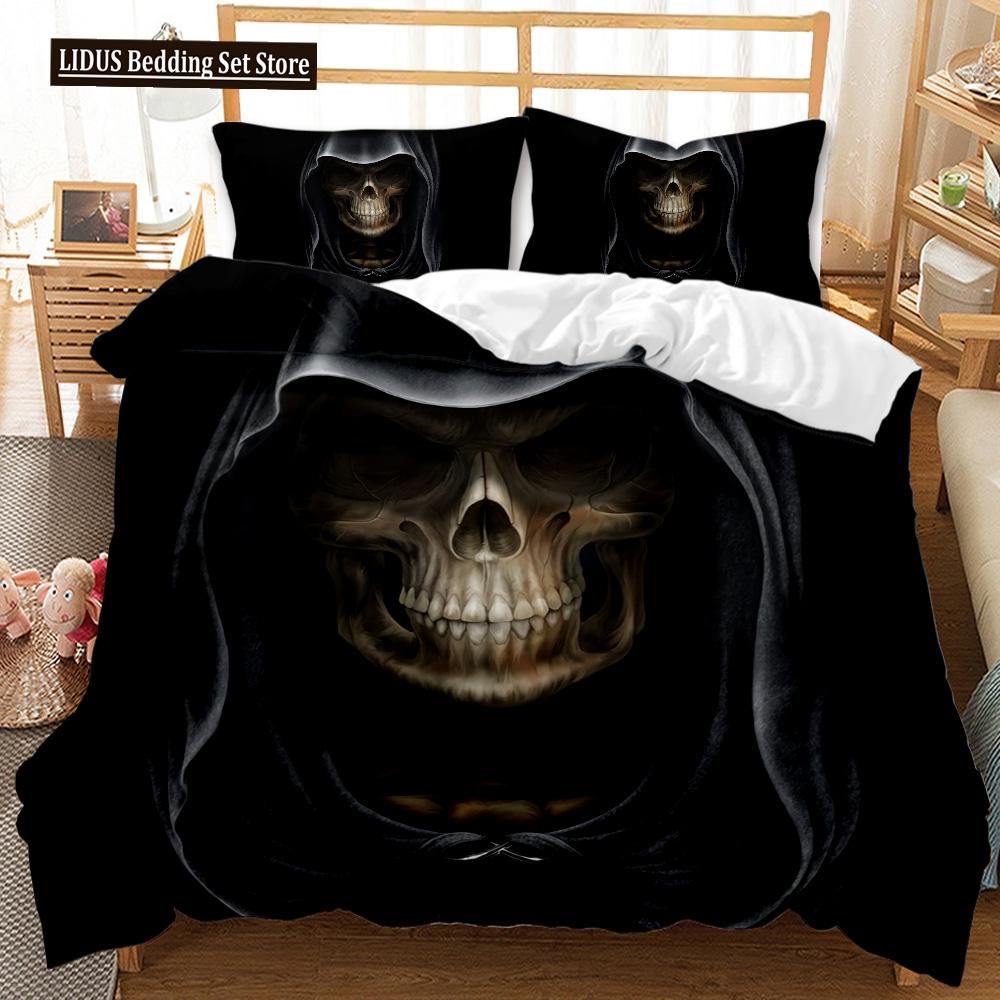 3D Skull Duvet Cover Set, Gothic Skull Bedding Sets,Skull Skeleton Comforter Cover Full Queen Size,Halloween Horror Quilt Cover