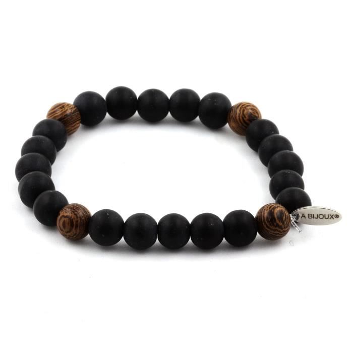 Bracelet - ABIJOUX - Onyx noir mat + bois - 8 mm - Longueur 19-20 cm - Fabriqué en France