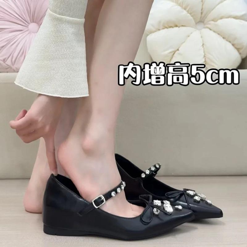 

Little Inside Heightened Pointed Toe Rhinestone Bow Single Shoes Gentle One Strap Mary Jane Women s Shoes 40 чорний