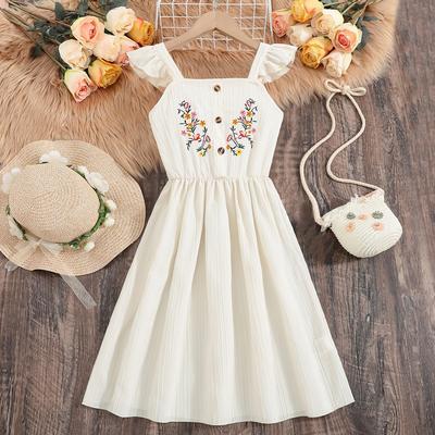 Girls Casual Dress Summer Kids Fashion Sleeveless Embroidered Flower Tank Dress