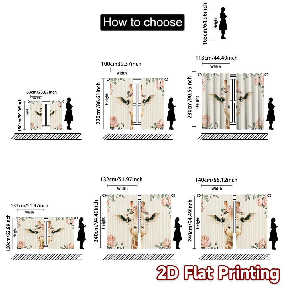 Set Of 2 Flat Printing Curtains Without Rod Floral Giraffe Illustration April Fools Is Day Festival Creative Durable Made Polyester