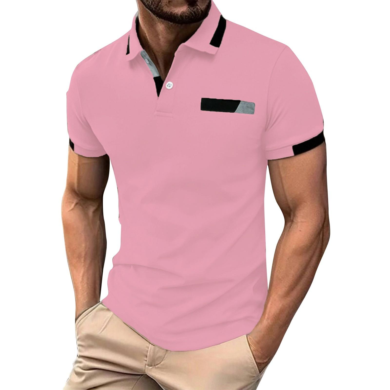 

Мужская однотонная рубашка с коротким рукавом и полосками на пуговицах, мужская повседневная модная рубашка XXL розовый