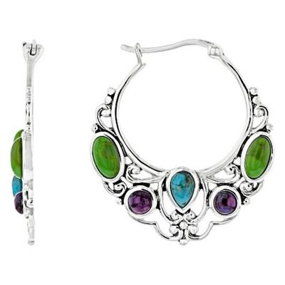 Bohemian Style Synthetic Turquoise Inlaid Hollow Hoop Earrings Women Vintage Silvery Plated Banquet Holiday Jewelry Accessories