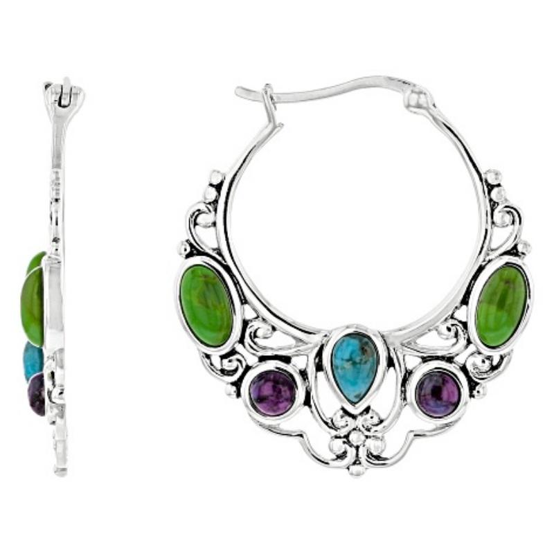 Bohemian Stil Synthetischer Türkis Inlay Hohl-Creolen Ohrringe Damen Vintage Silberbeschichtet Bankett Feiertags Schmuck Zubehör