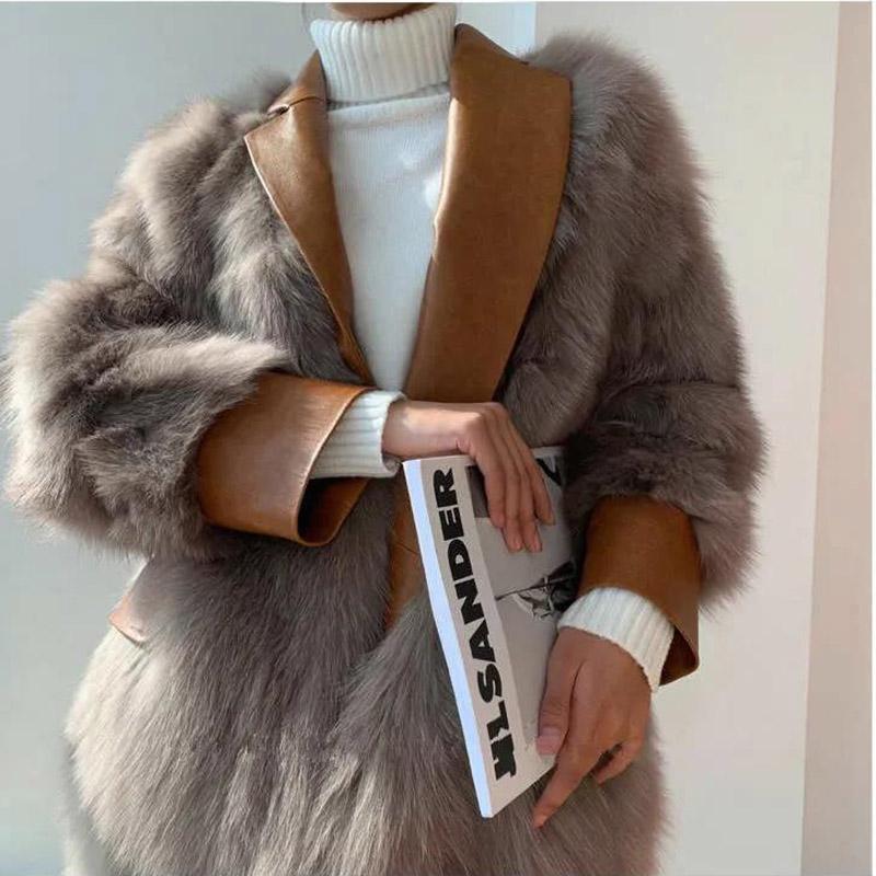Pelsfrakk Dame Høst- og vinterimitasjon revepels Uformell mote Løs pelsfrakk Mellomlange modeller Tynn