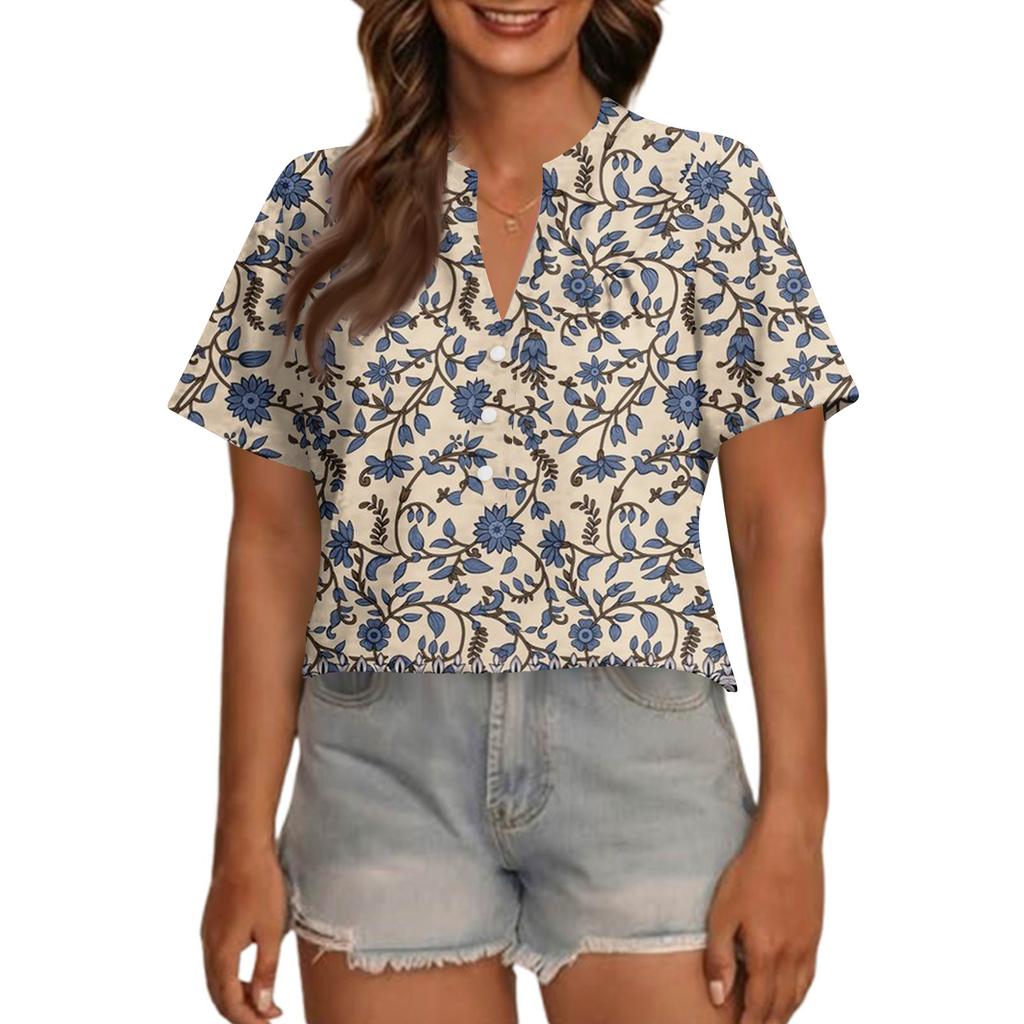 Modisches, lässiges Damen-Top mit V-Ausschnitt, Knopfleiste, Oversize-Schnitt, kurzen Ärmeln und Print