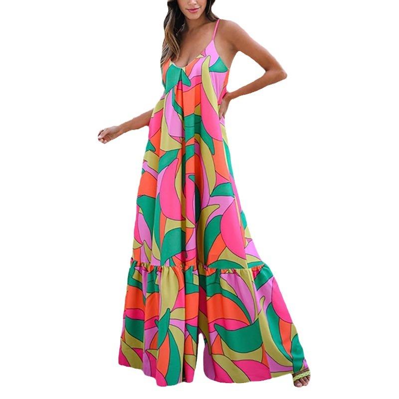 European and American Women's Clothing, Summer New Fashion V-neck Suspender Dress Long Dress Women