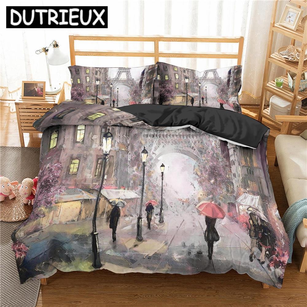 Paris Eiffel Tower 3D Duvet Cover Bedding Set Comforter Linen Pillowcases Home Decor Single Double Twin King Queen