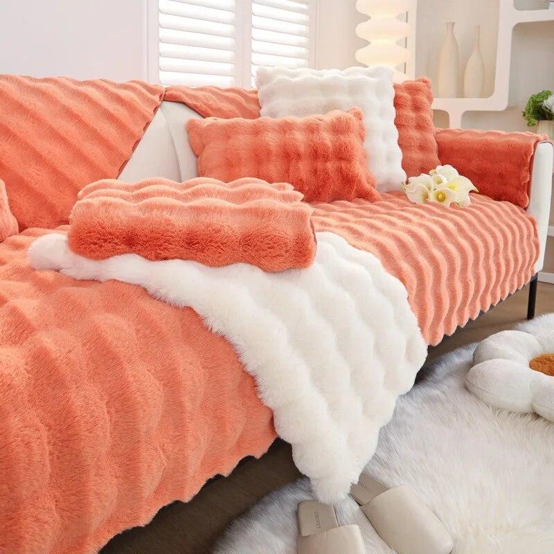 Thicken Imitation Rabbit Fur Plush Sofa Slipcover Non-slip Soft Sofa Towel Couch Cushion for Living Room Modern Home Decor Mat