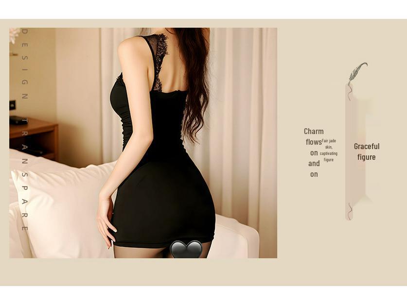 Women's Sexy Black Lace Patchwork Bodycon Dress with Hollow Out Design