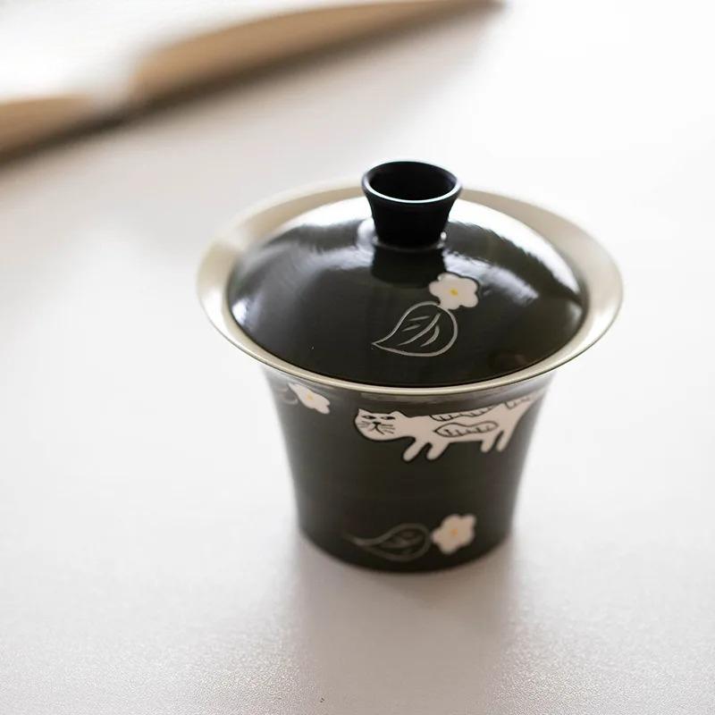 125ml Pó Yin Verde Oliva Gato da Sorte Pintado à Mão Gaiwan Tigela de Chá Zen com Tampa Kit Tampa de Preparo de Chá Conjunto de Chá