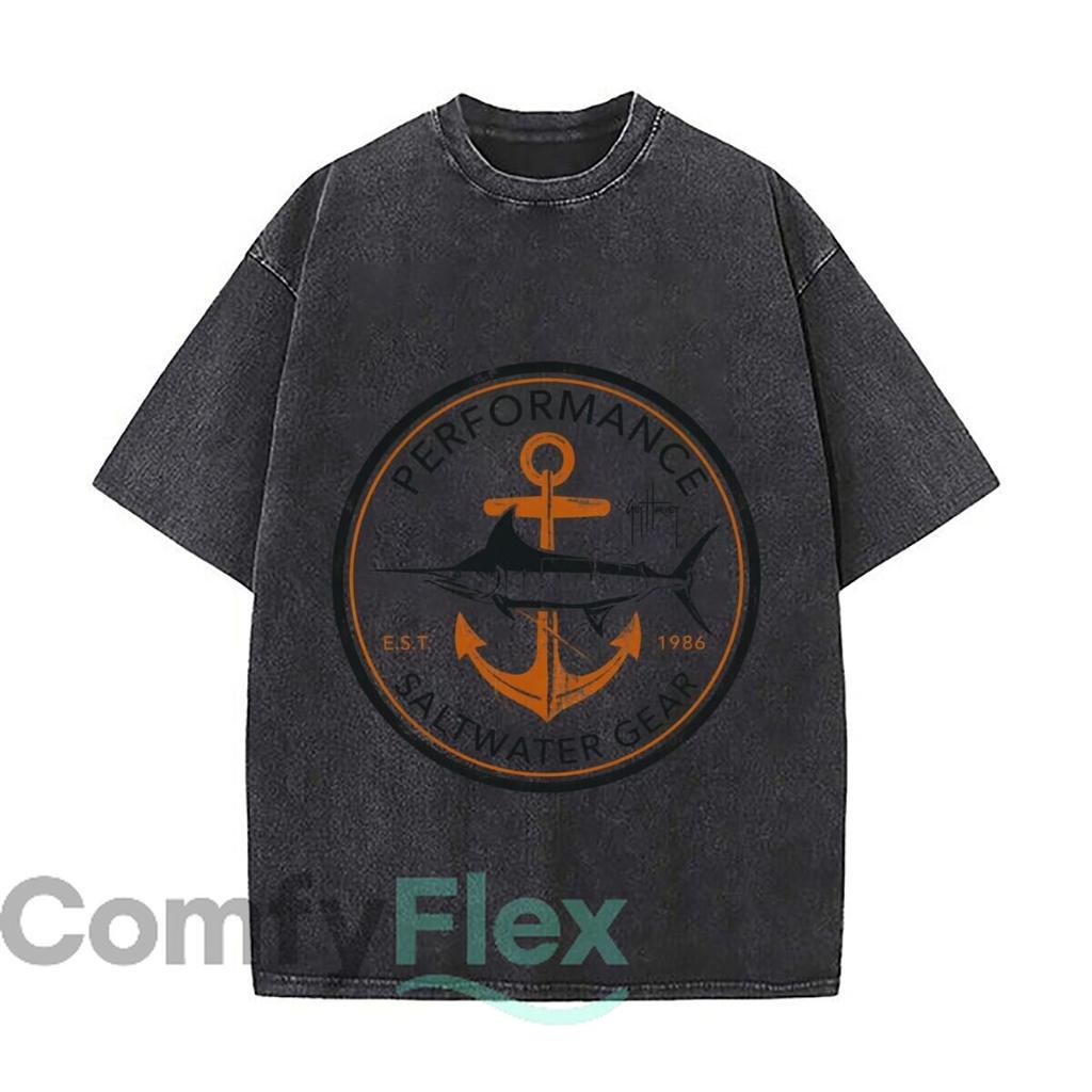 Performance Saltwater Gear Guy Harvey 1986 Marlin Anchor Washed Short Sleeve Loose Streetwear Tee Hip Hop