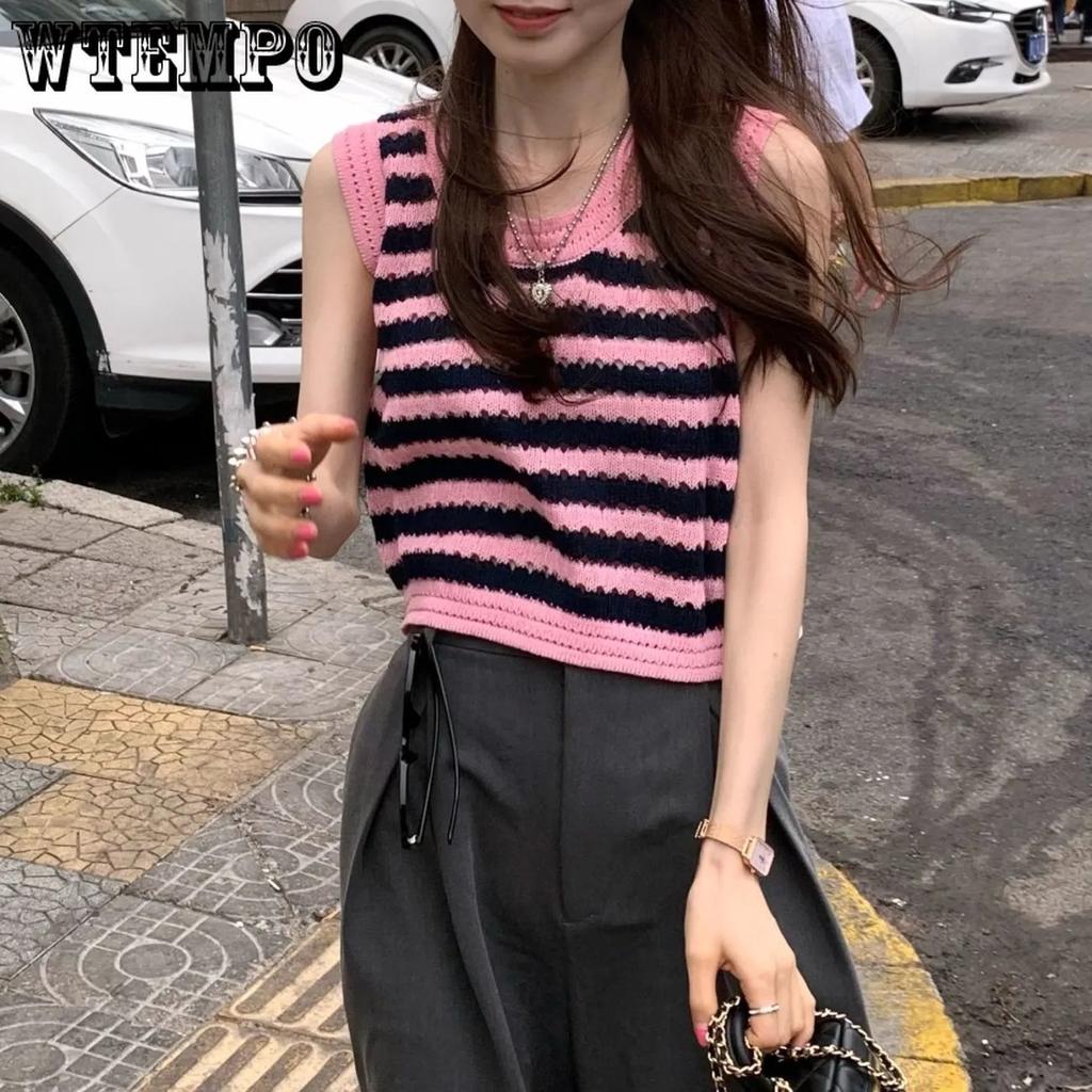 Women Sweater Vest Y2K Aesthetic Sleeveless Striped Cute Vintage Knitted Vest Spring Autumn Casual Waistcoat Knitwear