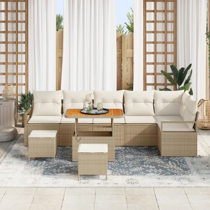 Ensemble de canapé de jardin vidaXL 9 pièces avec coussins beige en poly rotin acacia, Canapé de jardin 2 places 3364496