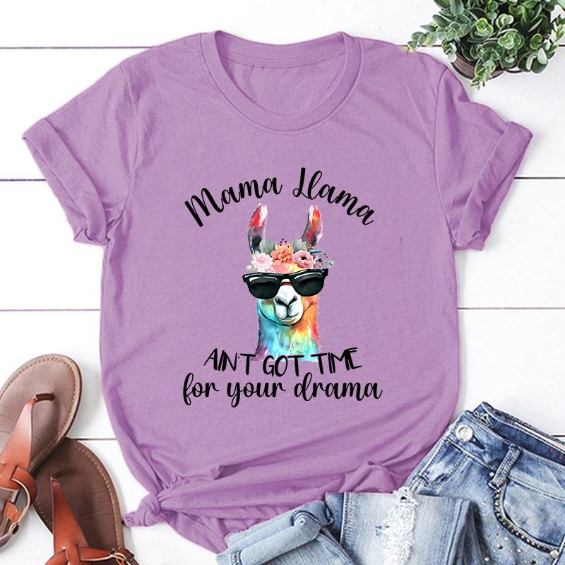 New Mama Llama Ain'T Got Time For Your Drama Print T-Shirts Women Summer Cool Short Sleeve Female Casual T-Shirts Round Neck Top