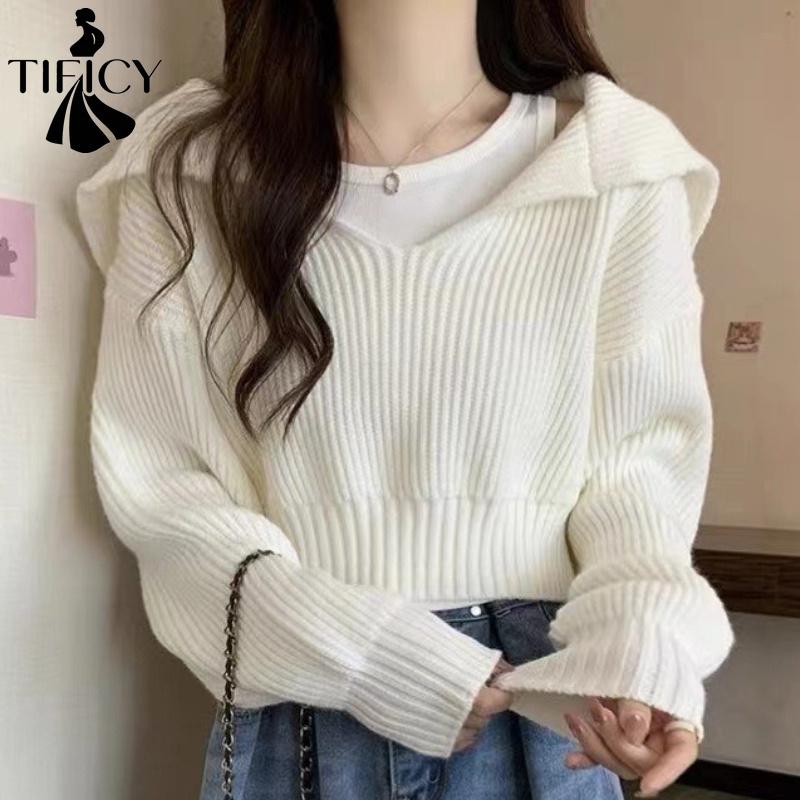 TIFICY Women's Fashion Casual Fall Winter Solid Color Print Long Sleeve Sweaters
