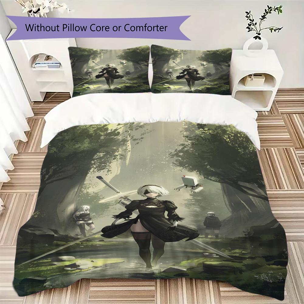 NieR Automata Pattern Bedding Uilt Set Uilt Cover Pillowcase Home Decoration Birthday Gift (1 * Duvet Cover + 2 * Pillowcase Without Core)