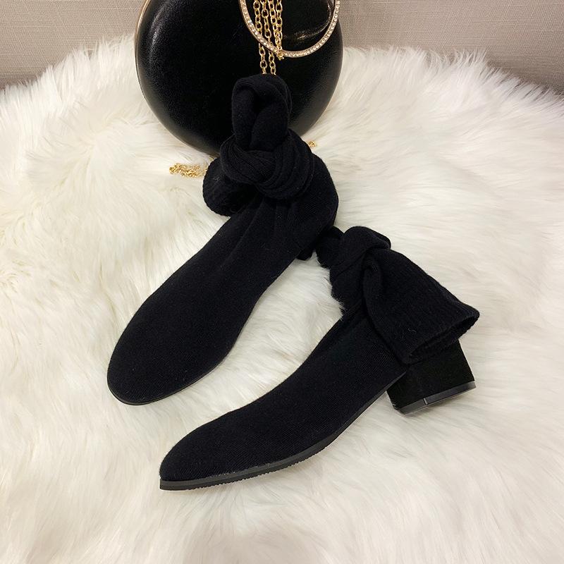 Solid color pointed thick heel over the knee boots women's autumn and winter new retro versatile high heel thin socks boots