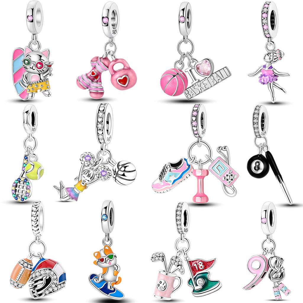 Original Copper Ahletic Sports Charms Bead Golf Rugby Surfing Tennis Dance Pendants Fit Bracelets Diy Jewelry Gift