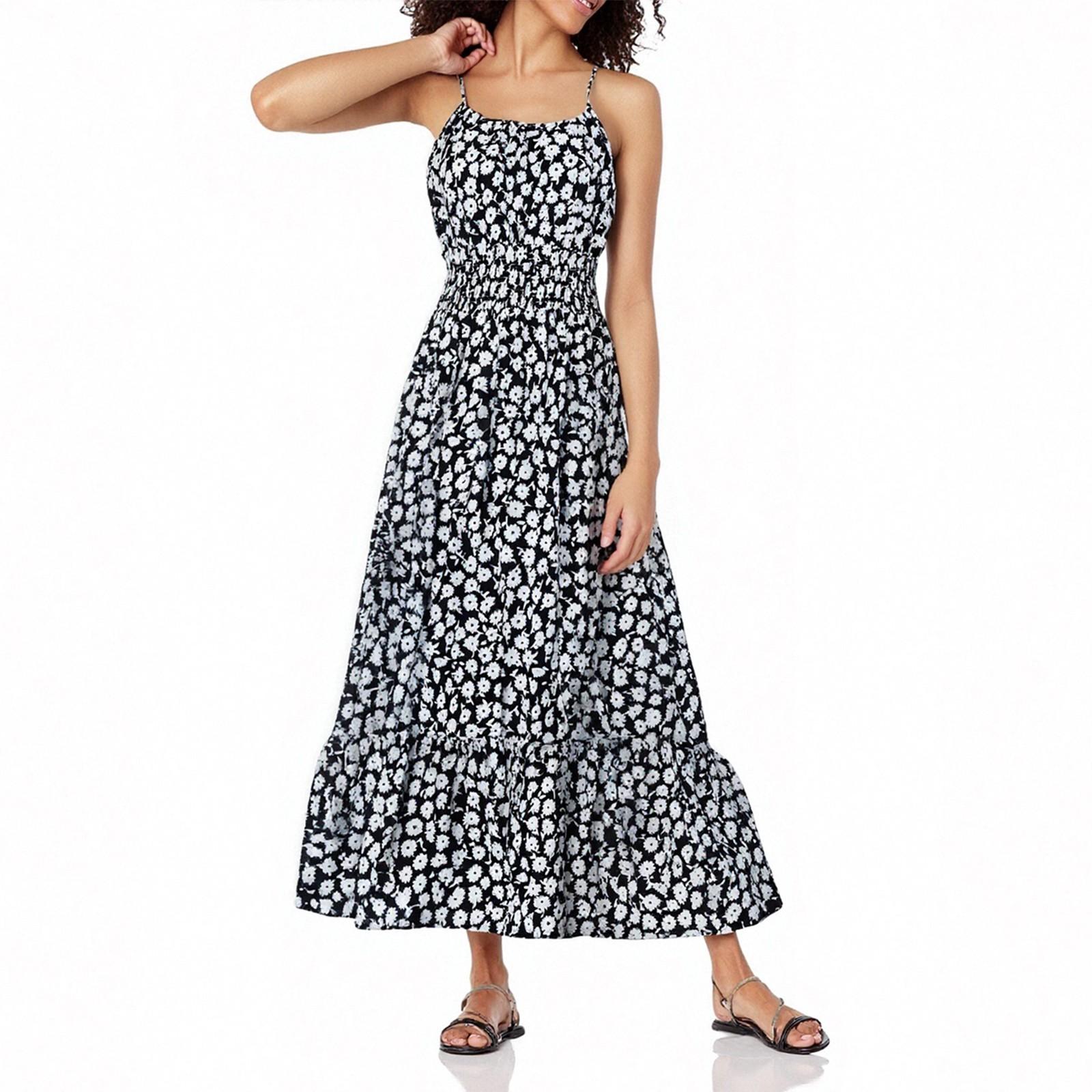 

Женское летнее платье макси без рукавов с цветочным принтом на тонких бретельках, пляжное длинное платье в стиле бохо, пляжная одежда для отпуска L чёрный