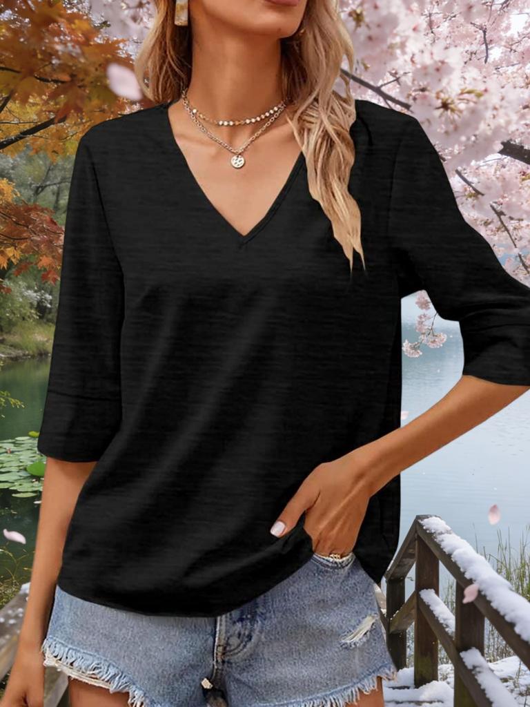 Womens V Neck T Shirt Half Sleeve Loose Fit Casual Basic Top
