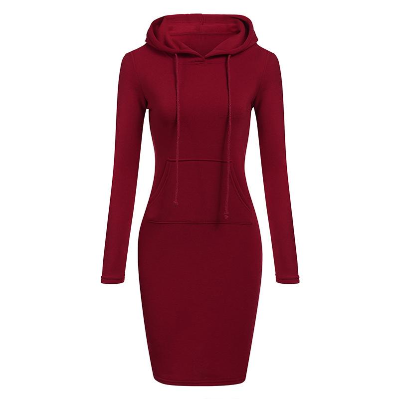 2023 Autumn/Winter Women's Solid Color Long Sleeve Hooded Mid-Length Sweatshirt Dress