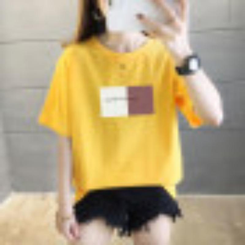 

Корейская версия Свободный топ с круглым вырезом и принтом Летняя новинка Тонкая футболка с коротким рукавом большого размера Женская S жёлтый