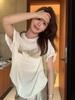Korean apricot bow print short-sleeved T-shirt women's summer new loose and versatile slim crew neck top