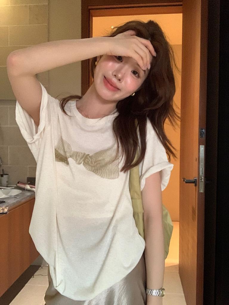 Korean apricot bow print short-sleeved T-shirt women's summer new loose and versatile slim crew neck top