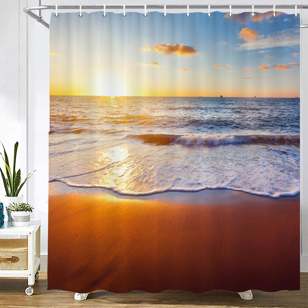 Sonnenlicht Ozean Strand Stoff Duschvorhang Badezimmer Vorhänge Sonnenuntergang Dämmerung Meer Große Größe 300x180cm Duschwand Mit 12 Haken