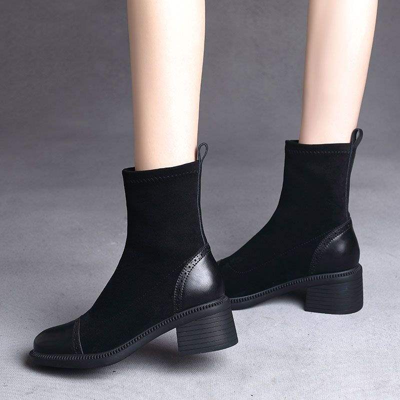 Elastic boots women's 2025 autumn and winter new Korean version versatile outer wear non-slip medium heel thick heel fashion thin boots