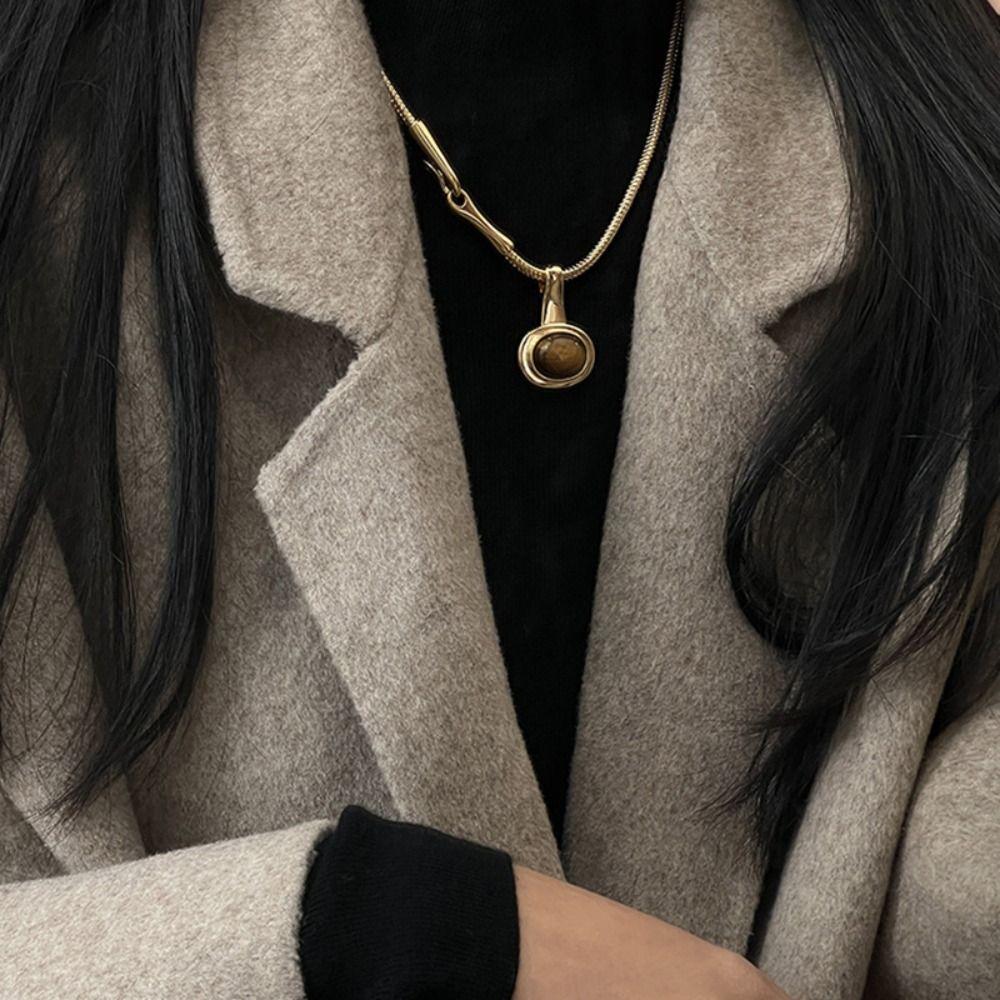 Tiger Eye Stone Pendant Necklace Titanium Steel Women Necklace Sweater Chain  Jewelry Accessories