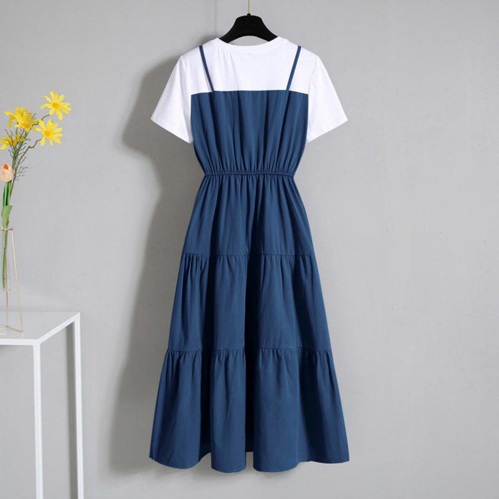 Strap Fake Two Piece Dress Block Summer Short Sleeved Dress Women's Waist Tight Dress