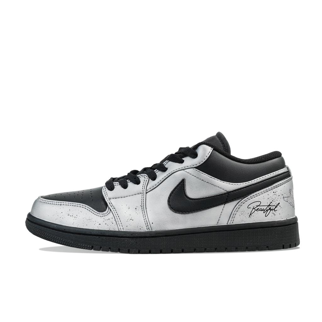 Jordan Air Jordan 1 Low 'Triple Black Warrior, Silver Armor Style Cow Leather, Leather Abrasion Resistant Low Top 553558-093(Team695-)