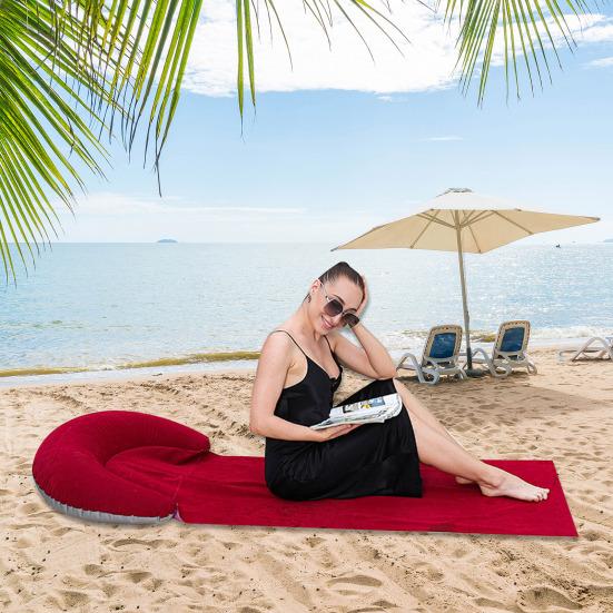 Strandmatte med oppblåsbar pute Bærbar Lett Utendørs Strandstol Solbading Avslapping Strandteppe med Flokk Hodestøtte
