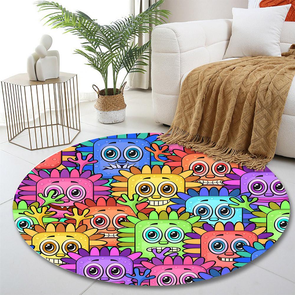 Colorful Cartoon Monsters Pattern Print round rug, living room, bedroom, playroom carpet, non slip floor mat, gift