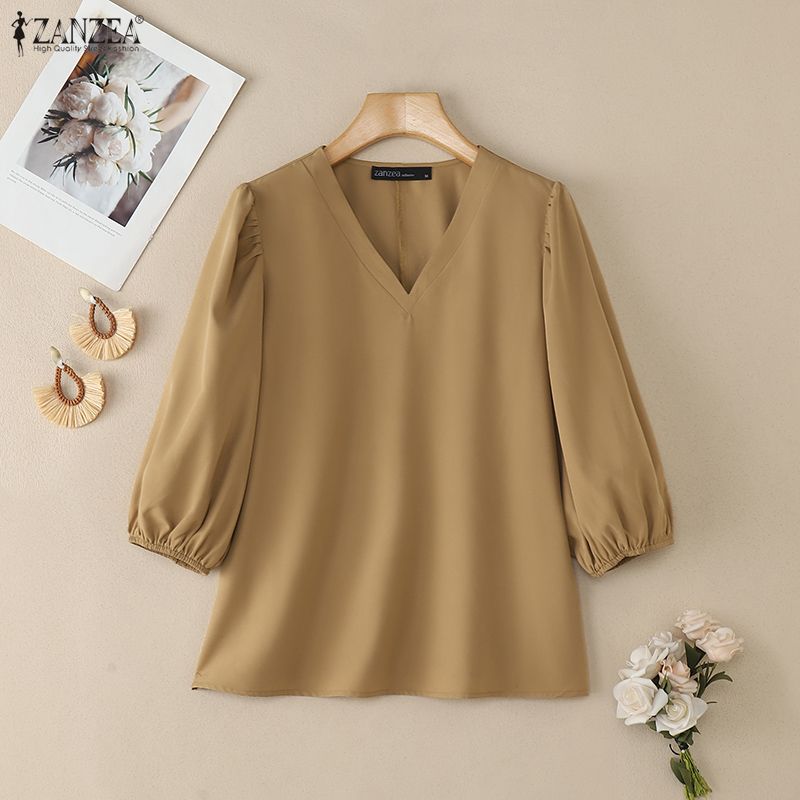 ZANZEA Women Casual V-Neck 3/4 Sleeve Loose Blouse