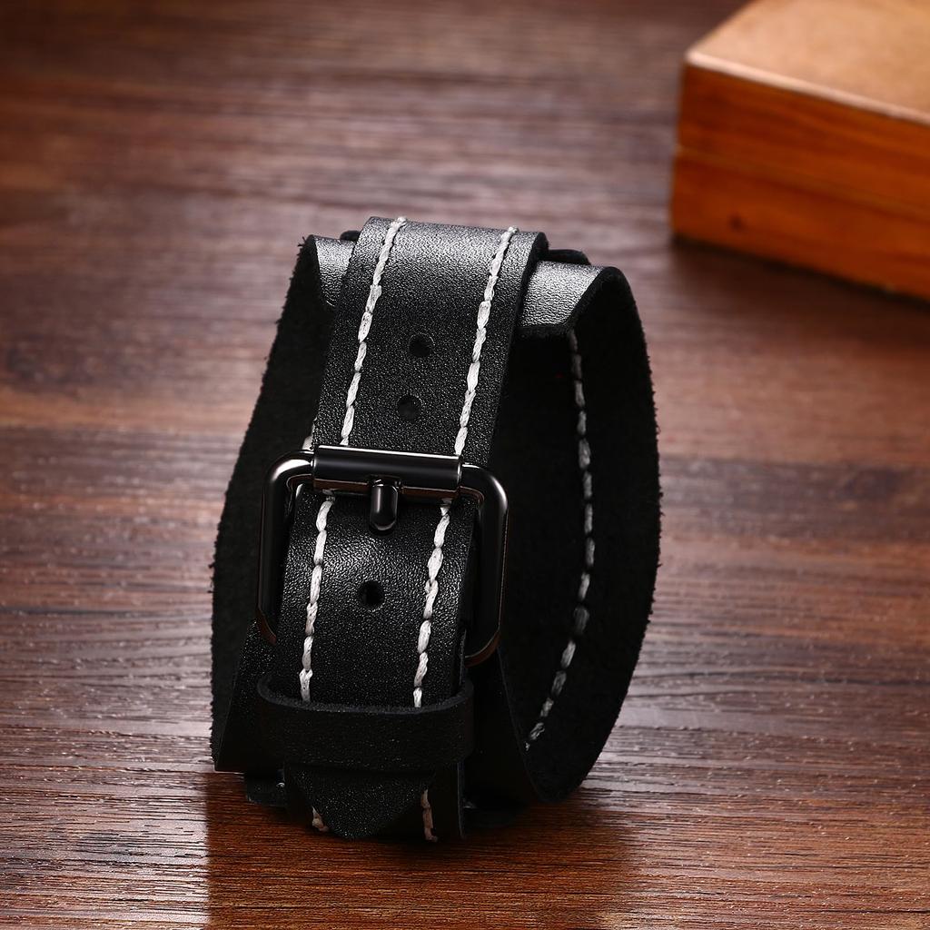 Rock Punk Armband Lederarmband Echtes Leder Breit Stilvoll Quarz Modeaccessoire Perfektes Geschenk für und Halloween Herrenuhr Analog, Wasserdicht,
