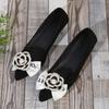 2025 Women Pumps Med Heel Square Point Toe Camellia Flower Pumps Office Lady  Shoes Soft Soles Slip on Single Shoes