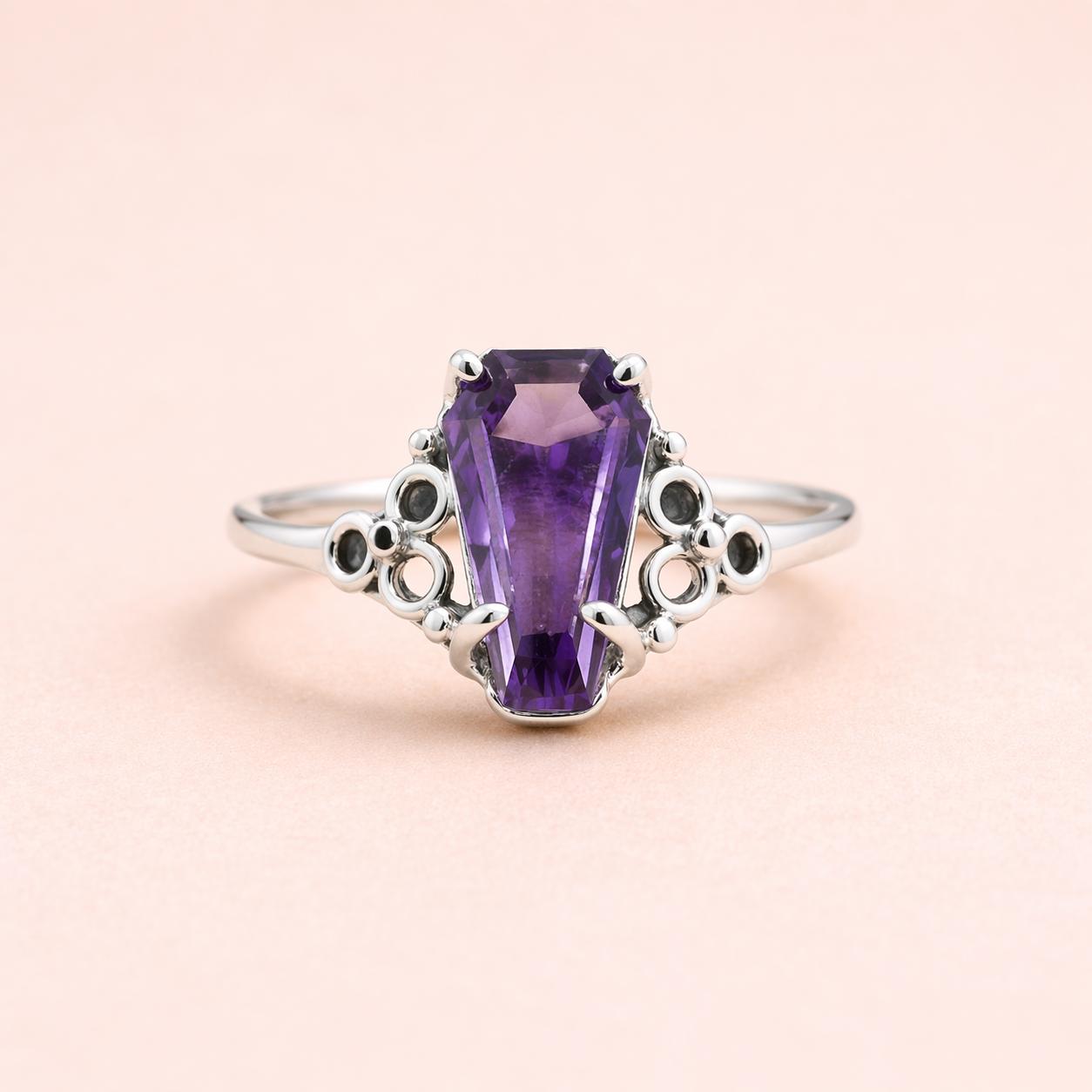 

Amethyst Coffin Ring 925 Sterling Silver, 8x14mm Purple Gemstone Ring, Gothic Boho Statement Jewelry, Handmade Gift for Her 4 серебряный