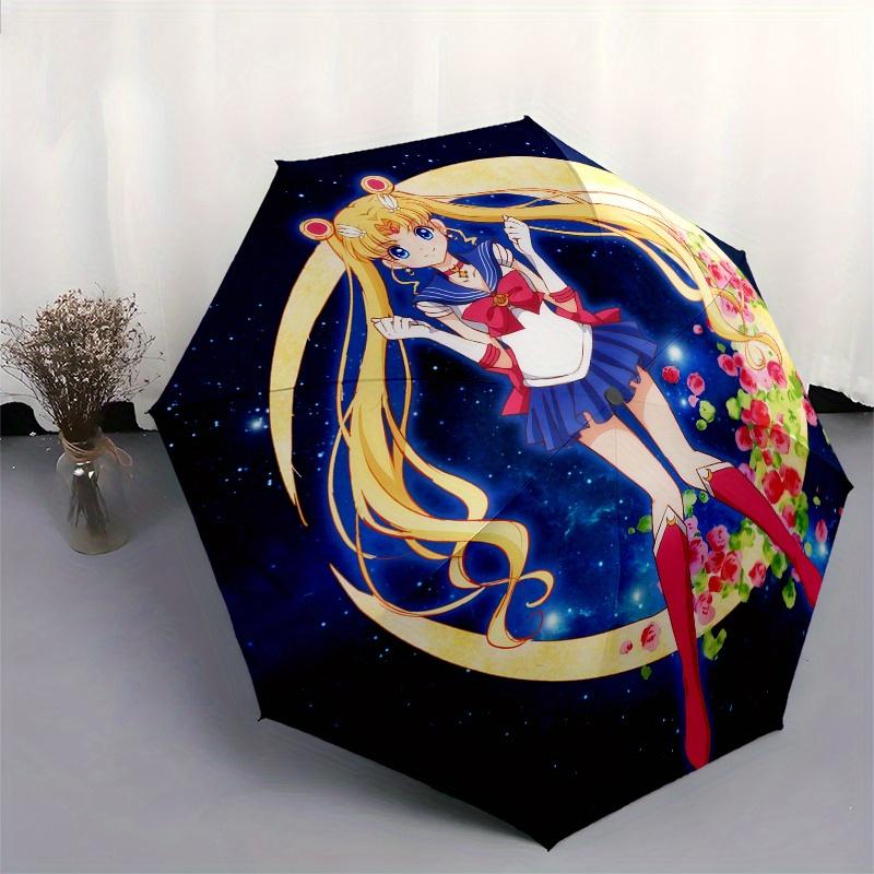 Sailor Moon Sichelmond mit Blumen Schirm, Tragbarer 3-fach Kompakter Schirm für Damen & Herren, S75