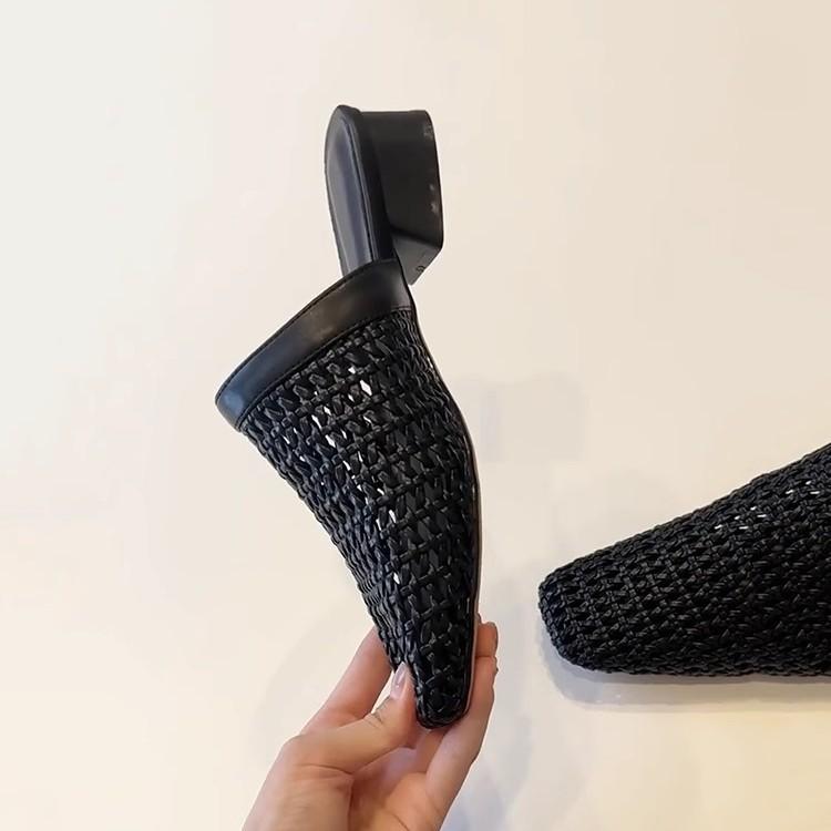 Self-kept version~ Simple soft leather hand-woven hollowed-out one-pedal bag head shoes women's low heels wear comfortable cool slippers