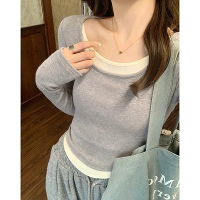 Camiseta Casual Fashion Falsa de Duas Peças Outono Primavera Feminina Manga Longa Patchwork Pulôver Top Camiseta de Base
