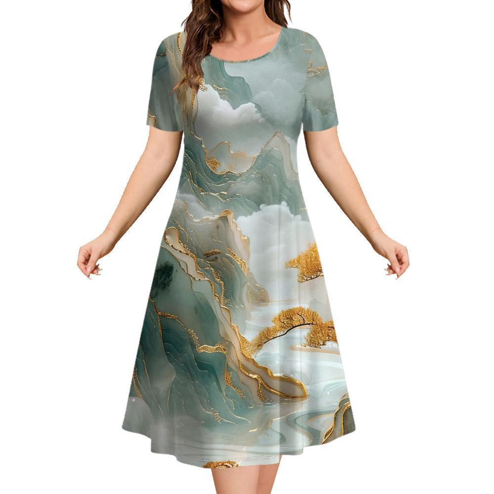 Marble Landscape Printed Women's Clothing Summer Short Sleeve Elegant Party Dresses Round Neck Short Sleeve Blue Premium Dress