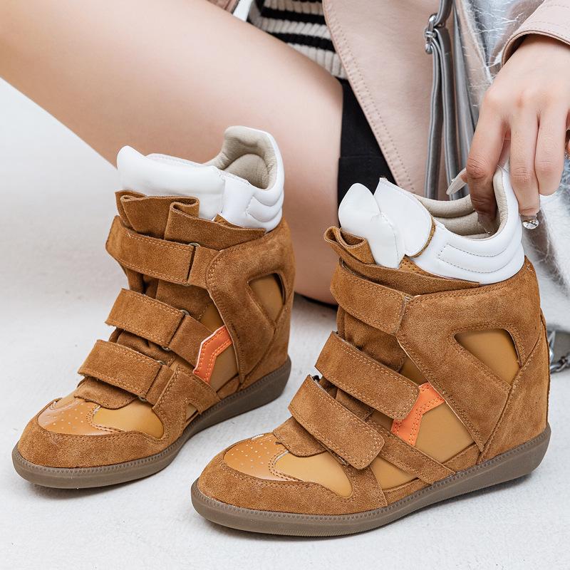 Professionelle Damenstiefel mit innerer Erhöhung 8 cm hoch, High-Top, innerer Keilabsatz zur Höhenerhöhung, Klettverschluss, Freizeitschuhe, kleine Damengröße