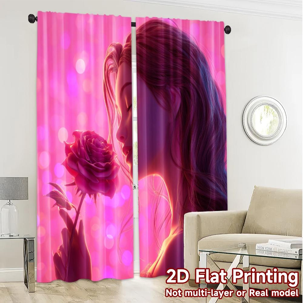 2pcs, 2D FLAT PRINTING Curtains (Without Rod) Blooming Glow Chic Curtains Digital Printed Versatile Polyester Fabric Curtains