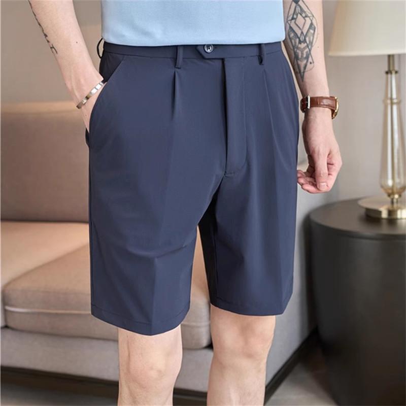 Summer Men's Suit Shorts Straight Fit Stretch Knee-Length Short Pants Solid Ice Silk Lightweight Breathable Casual Shorts Man